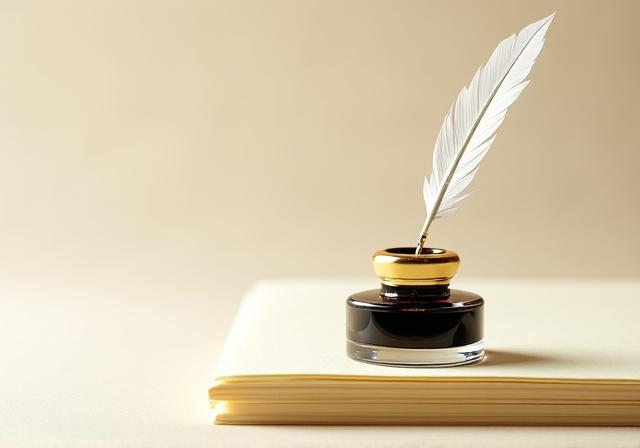 Pluma de ave y tintero en un escritorio minimalista moderno